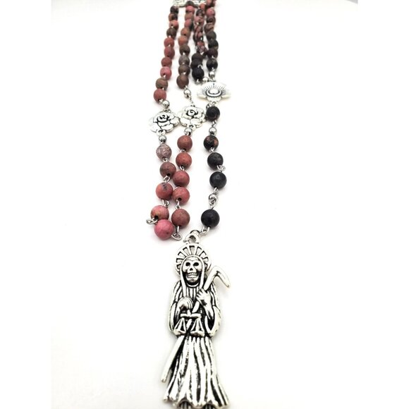 Handmade Rhodonite Santa Muerte Rosary. Holy Death Amulet Talisman Prayer Beads. - Picture 6 of 10